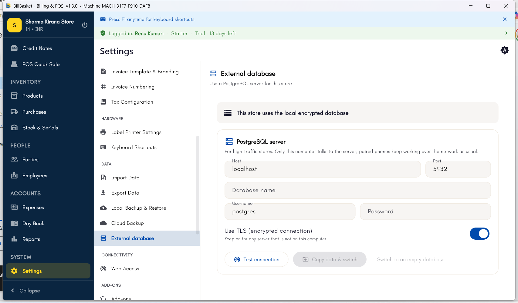 External database settings showing PostgreSQL connection fields and Test connection button