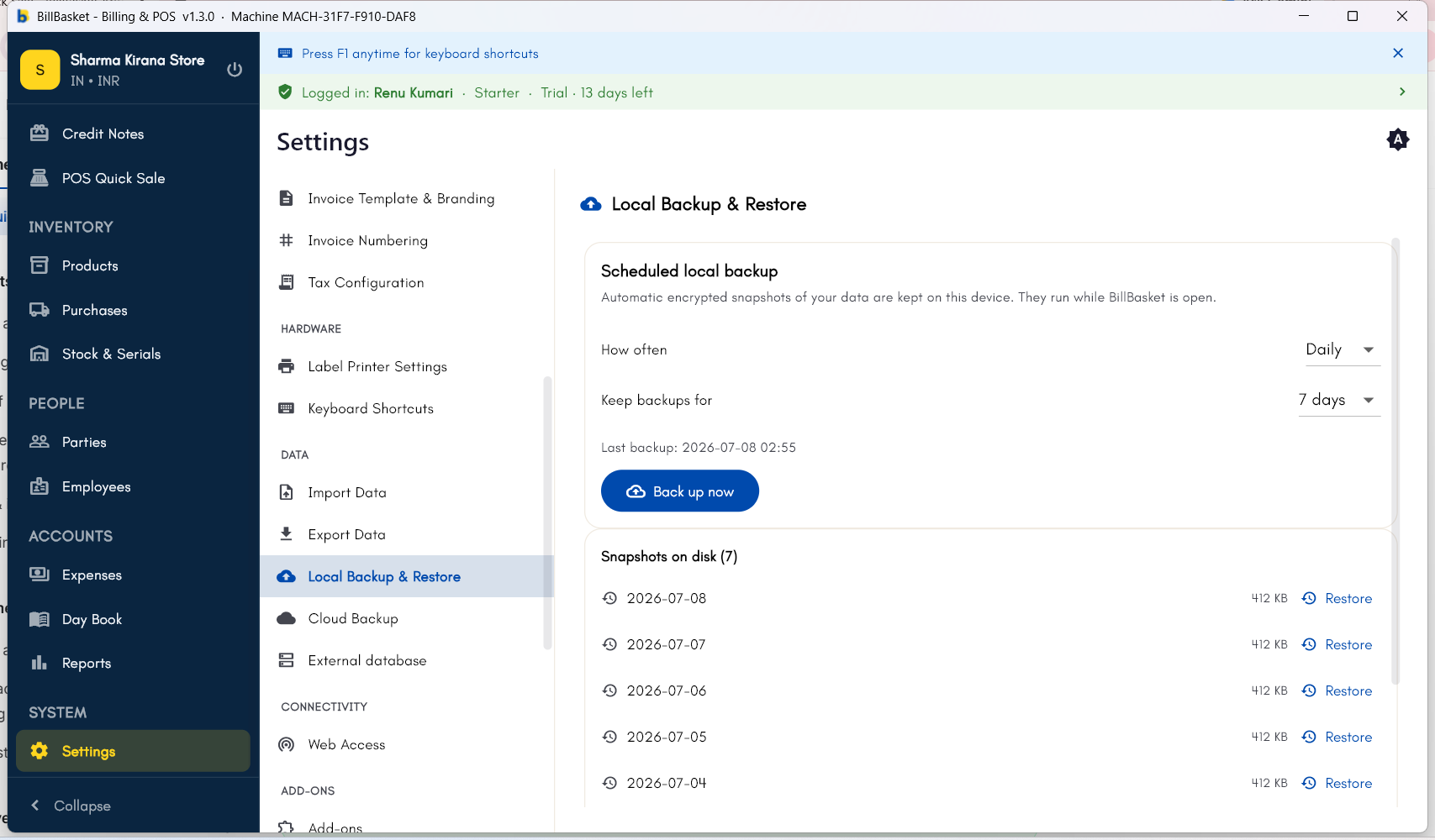 Local Backup & Restore settings showing scheduled backup frequency and a Back up now button