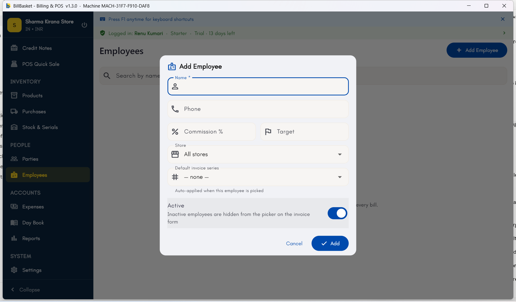 Add Employee dialog filled in with name, phone, and commission percentage