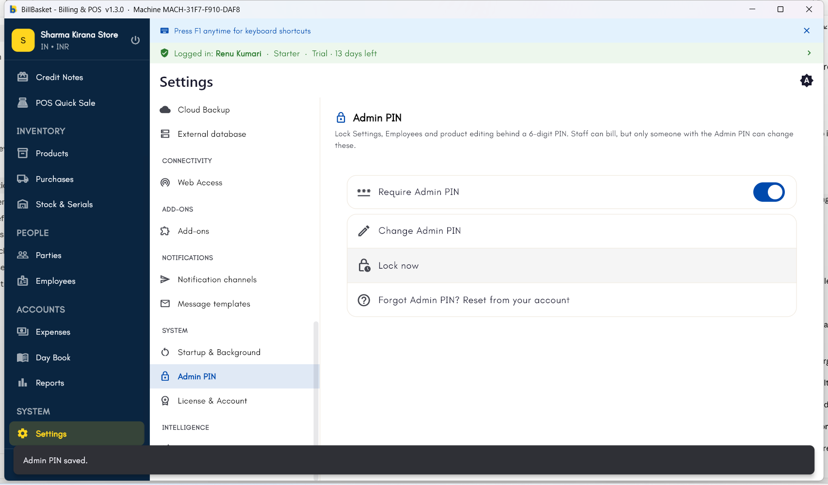 Admin PIN settings after enabling, showing Change PIN, Lock now, and Forgot PIN options