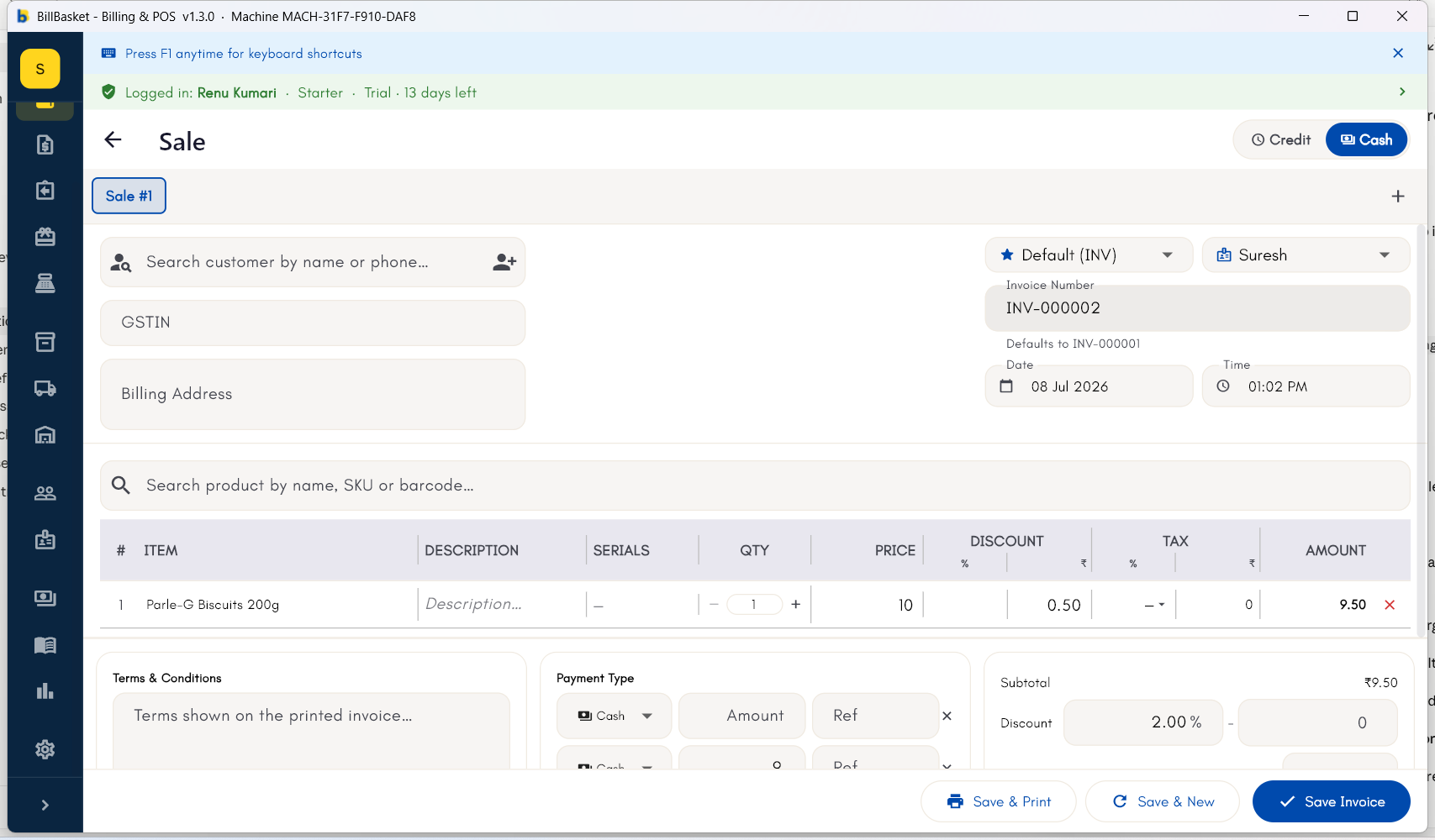 Invoice with an employee selected in the employee picker dropdown
