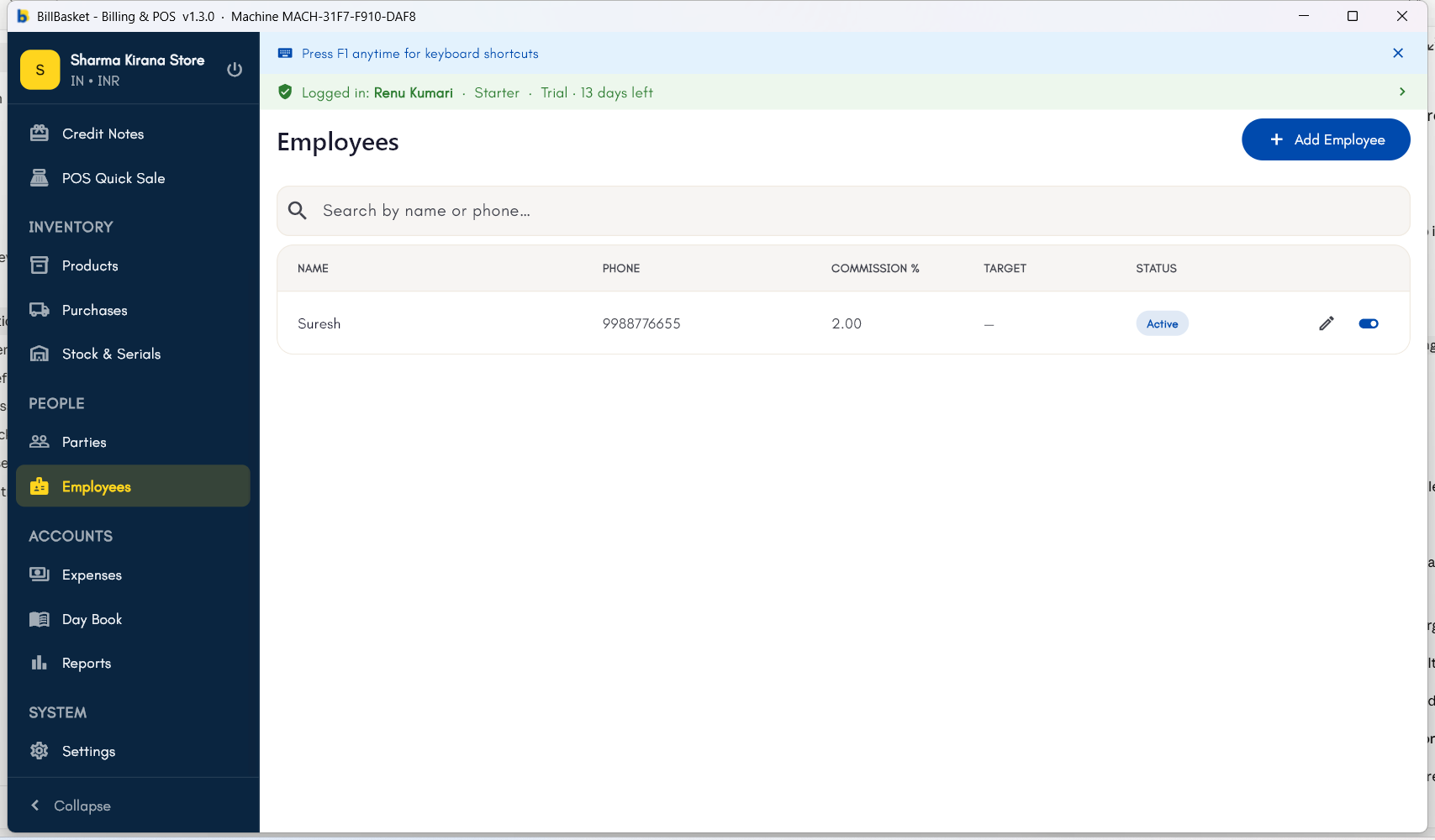 Employees list showing a newly added employee with commission and Active status