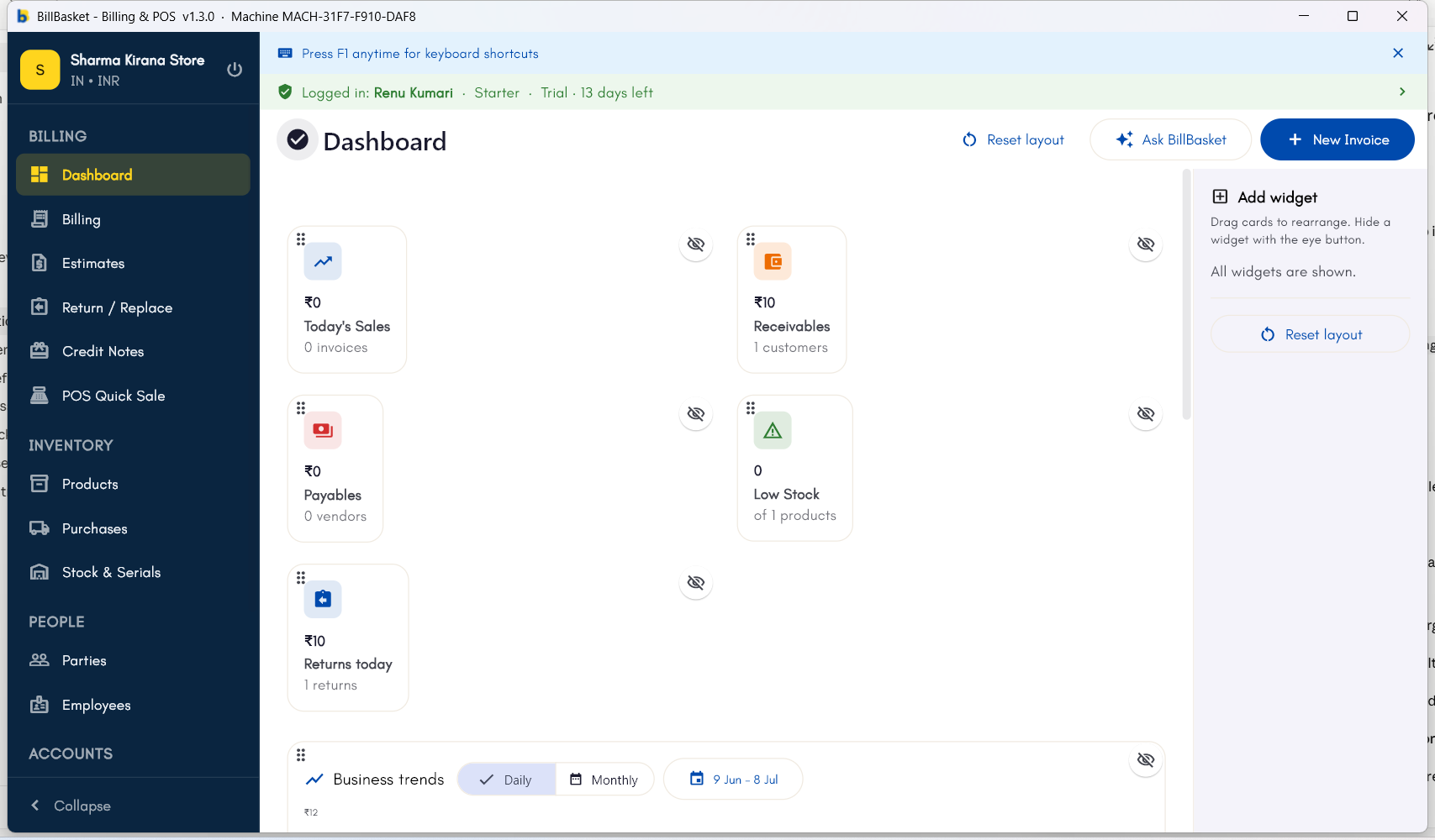 Dashboard in edit mode with drag handles and hide icons on each tile, plus an Add widget panel