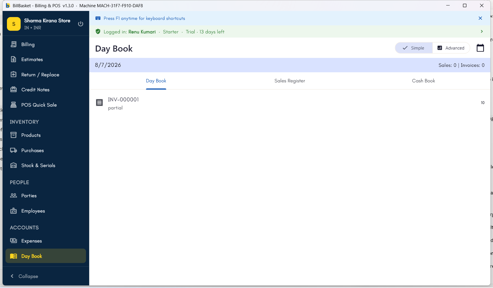 Day Book simple view showing today's date, sales count, and one invoice listed