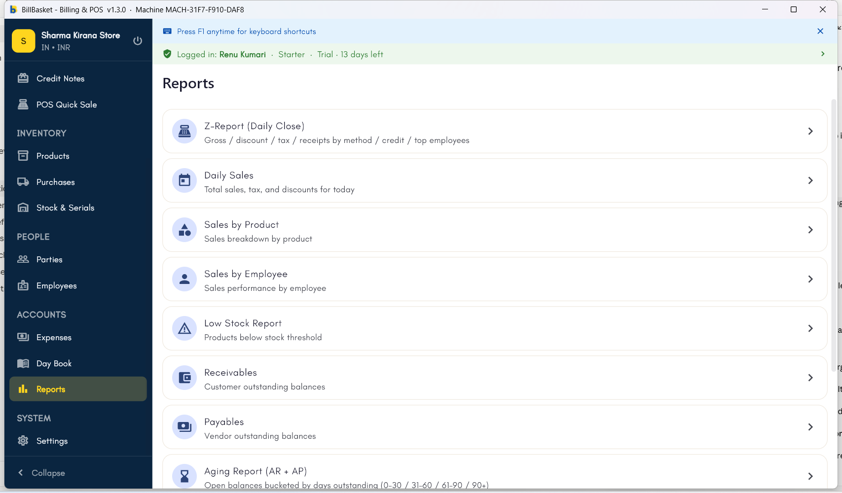 Reports menu listing Z-Report, Daily Sales, Sales by Product, Sales by Employee, and stock/dues reports
