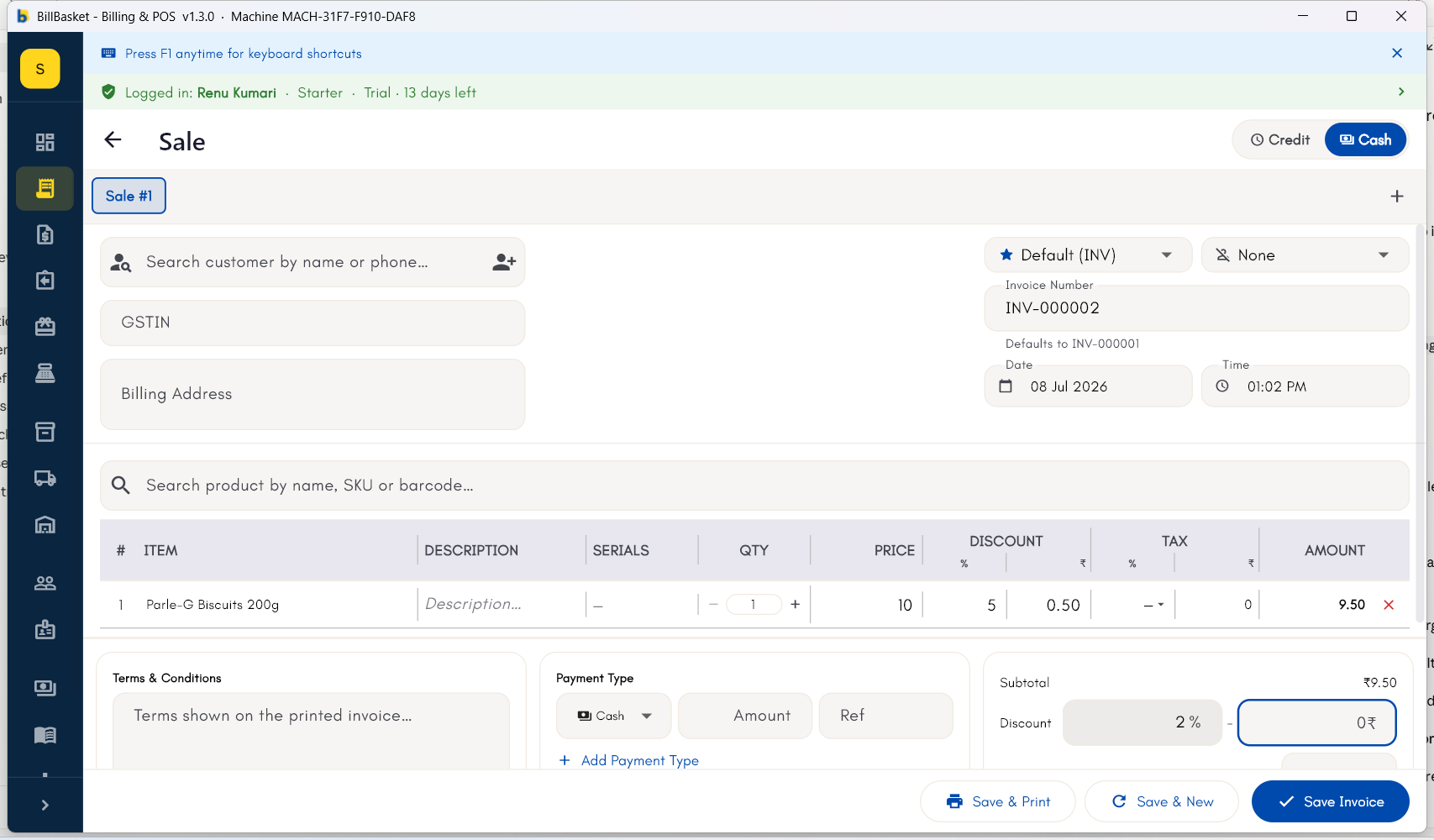 Invoice with a per-line 5% discount and a bill-level 2% discount applied together