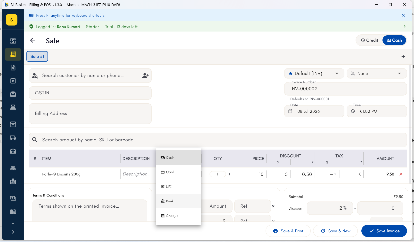 Payment method dropdown open on an invoice, showing Cash, Card, UPI, Bank, and Cheque options