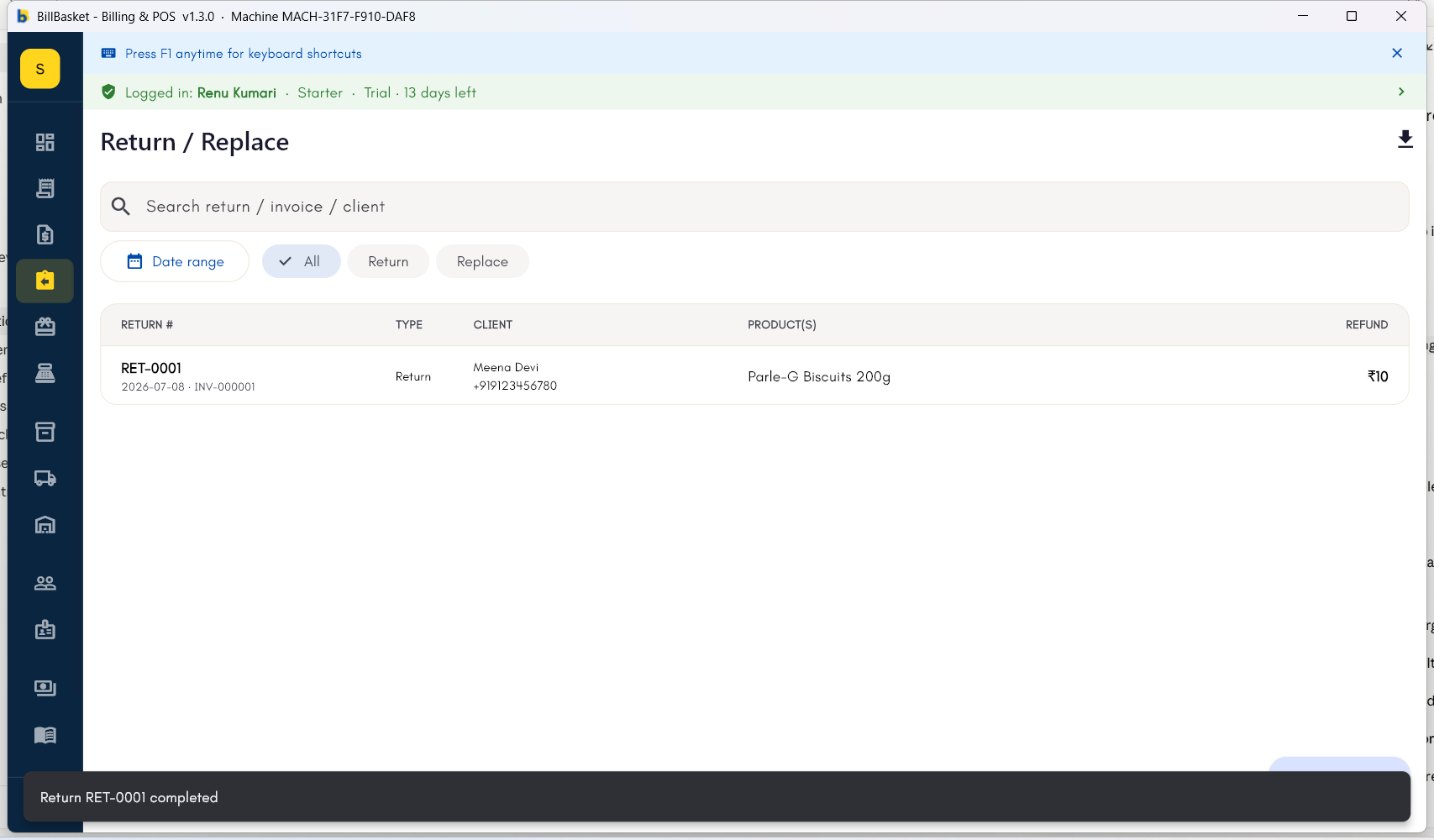 Return / Replace list showing a completed return with refund amount