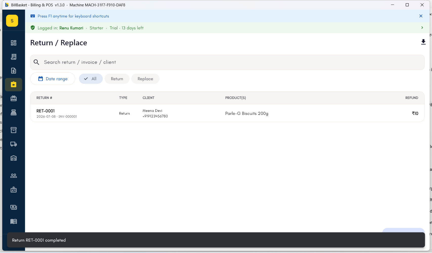 Return / Replace list showing a completed return with refund amount