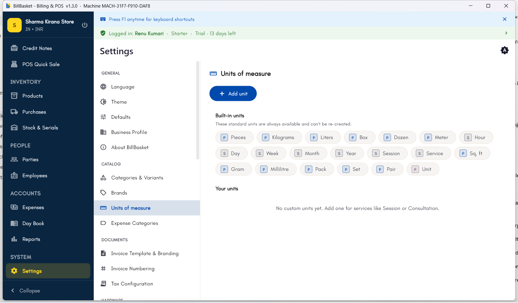 Units of measure settings page listing built-in units with Product/Service scope badges