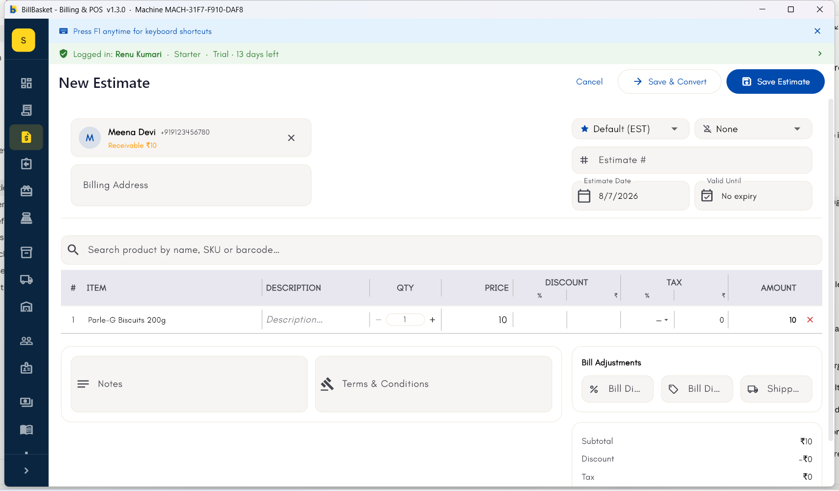 New Estimate form with a customer and one line item filled in