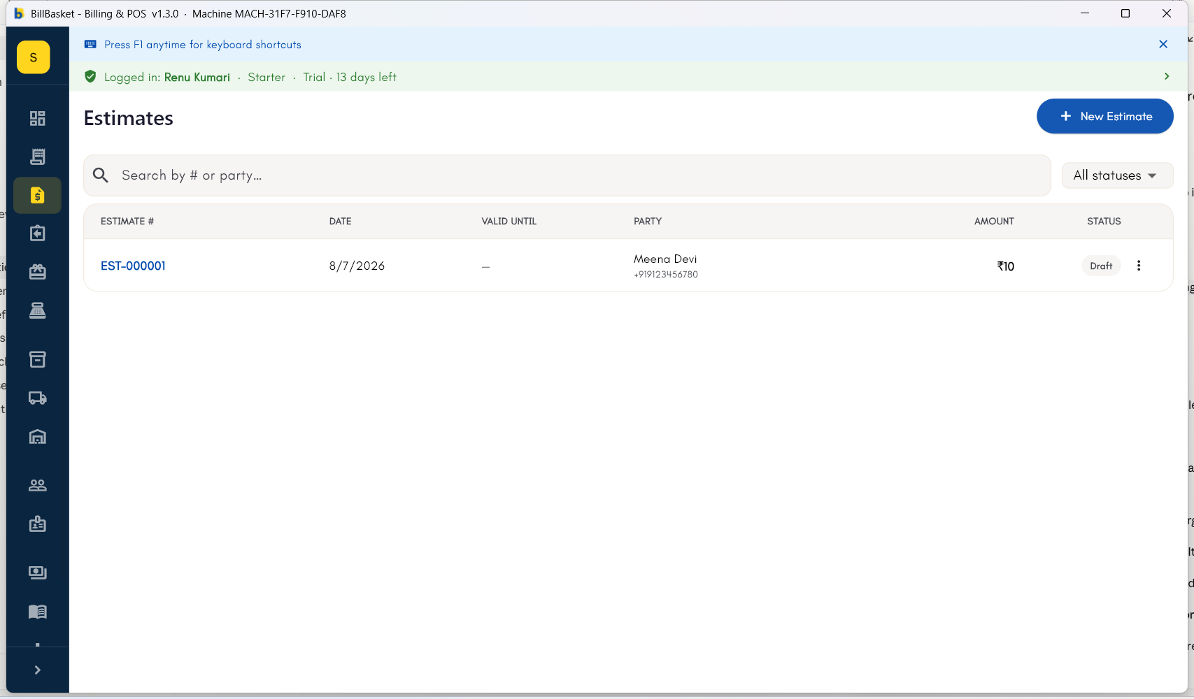 Estimates list showing a saved estimate with Draft status