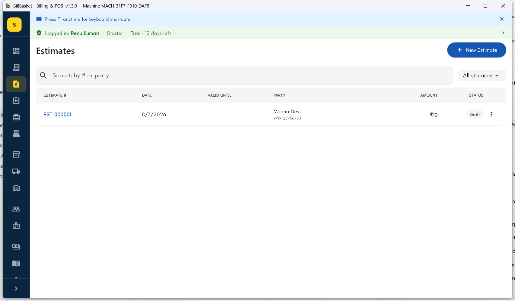 Estimates list showing a saved estimate with Draft status