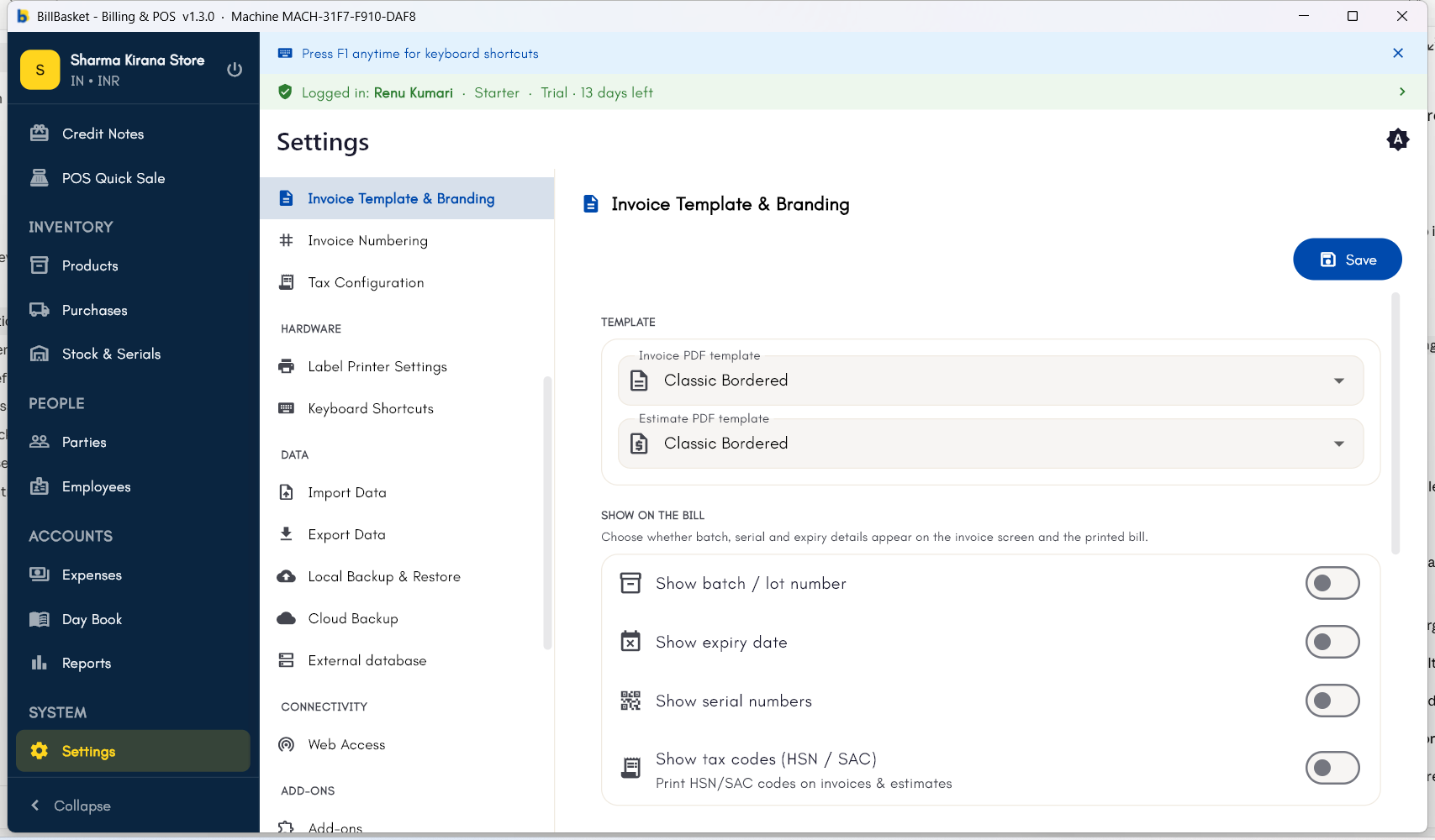 Invoice Template & Branding settings showing PDF template pickers and Show on the bill toggles