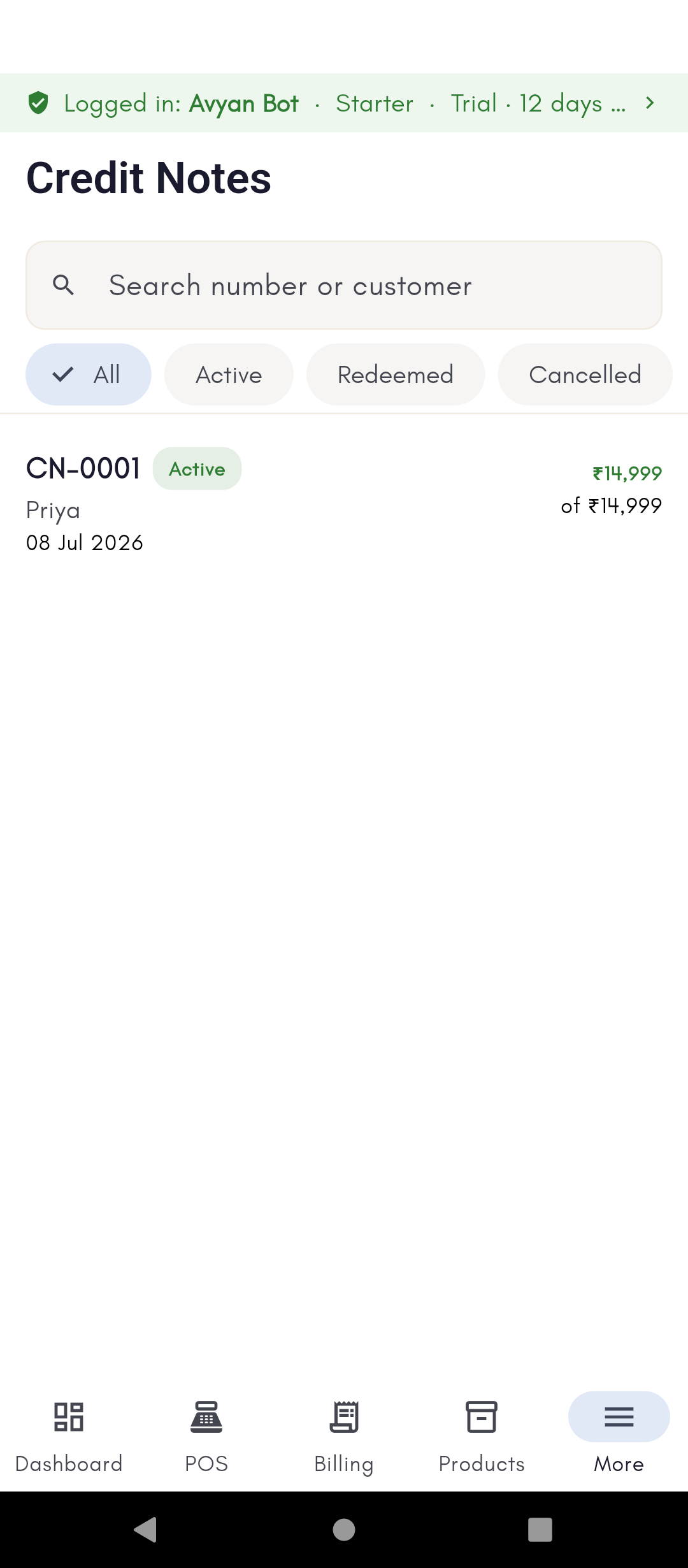 Credit Notes register showing one active credit note tied to a customer