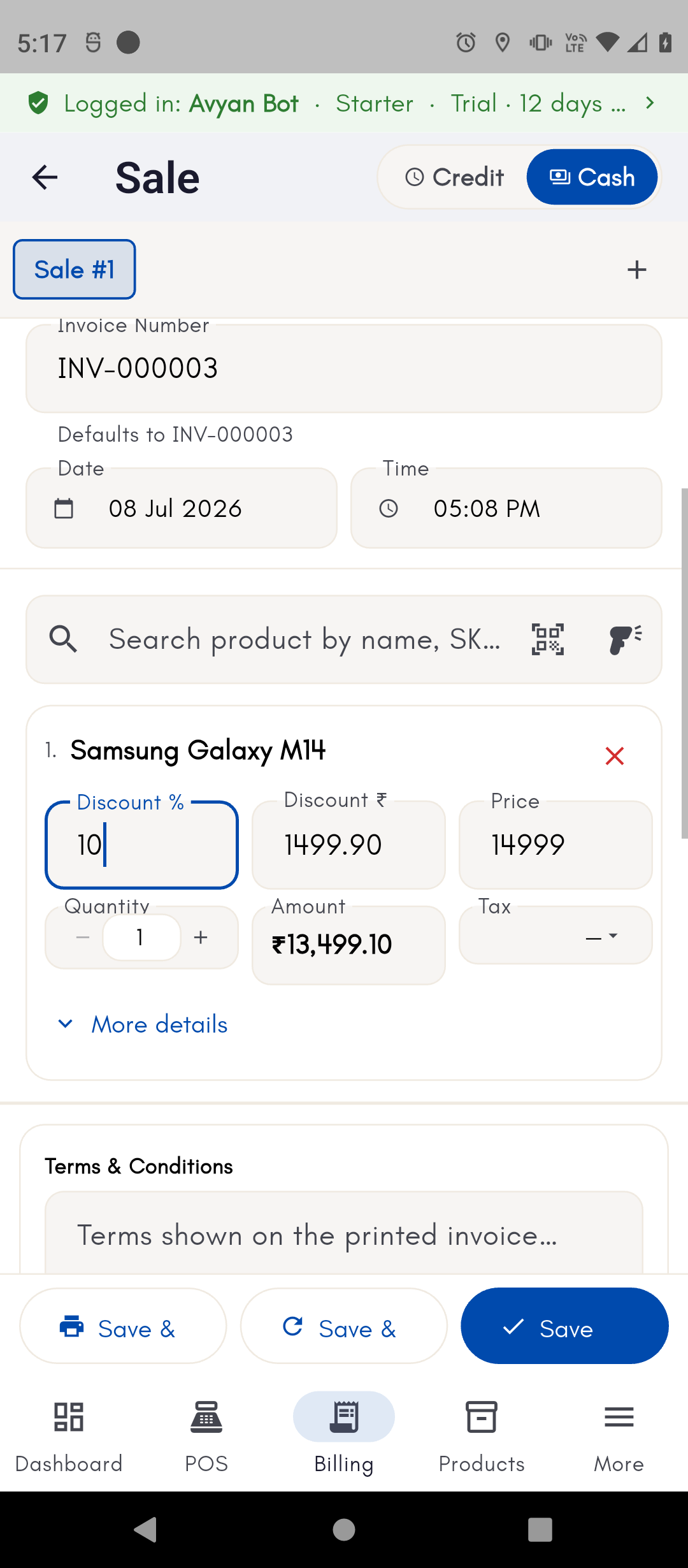 Phone sale screen with a 10% line discount applied, showing the recalculated discount amount and line total