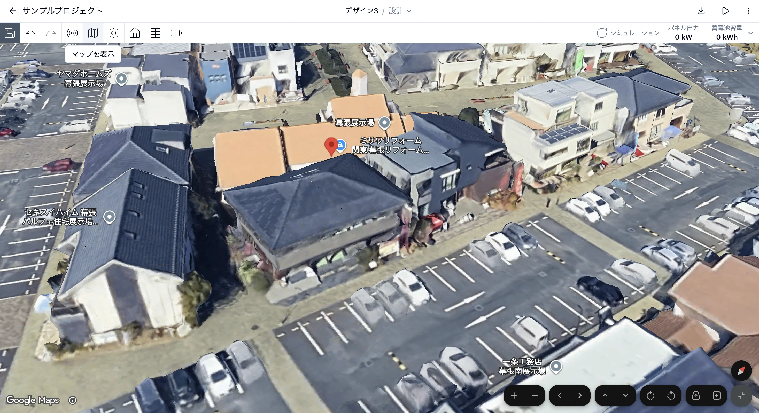 Google Mapの衛星画像を3D表示した設計画面