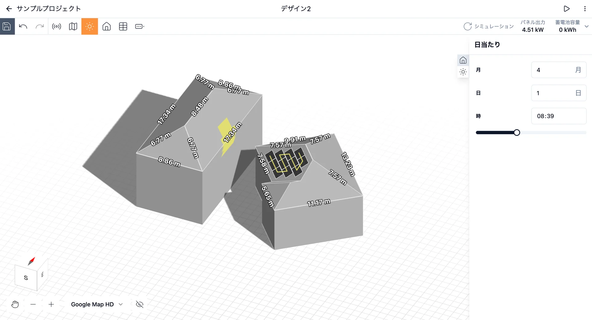 日時を指定して太陽光パネルの反射光を表示するシミュレーション画面