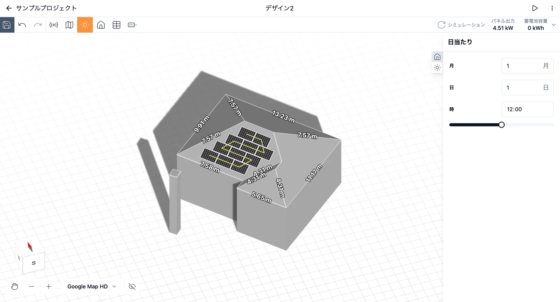日時を指定して建物と太陽光パネルへの影を表示するシミュレーション画面