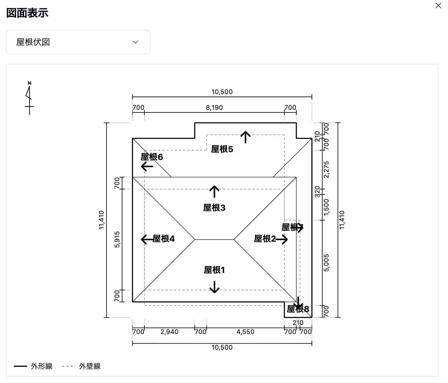 自動生成した3Dモデルの屋根伏図と寸法を表示した図面確認画面