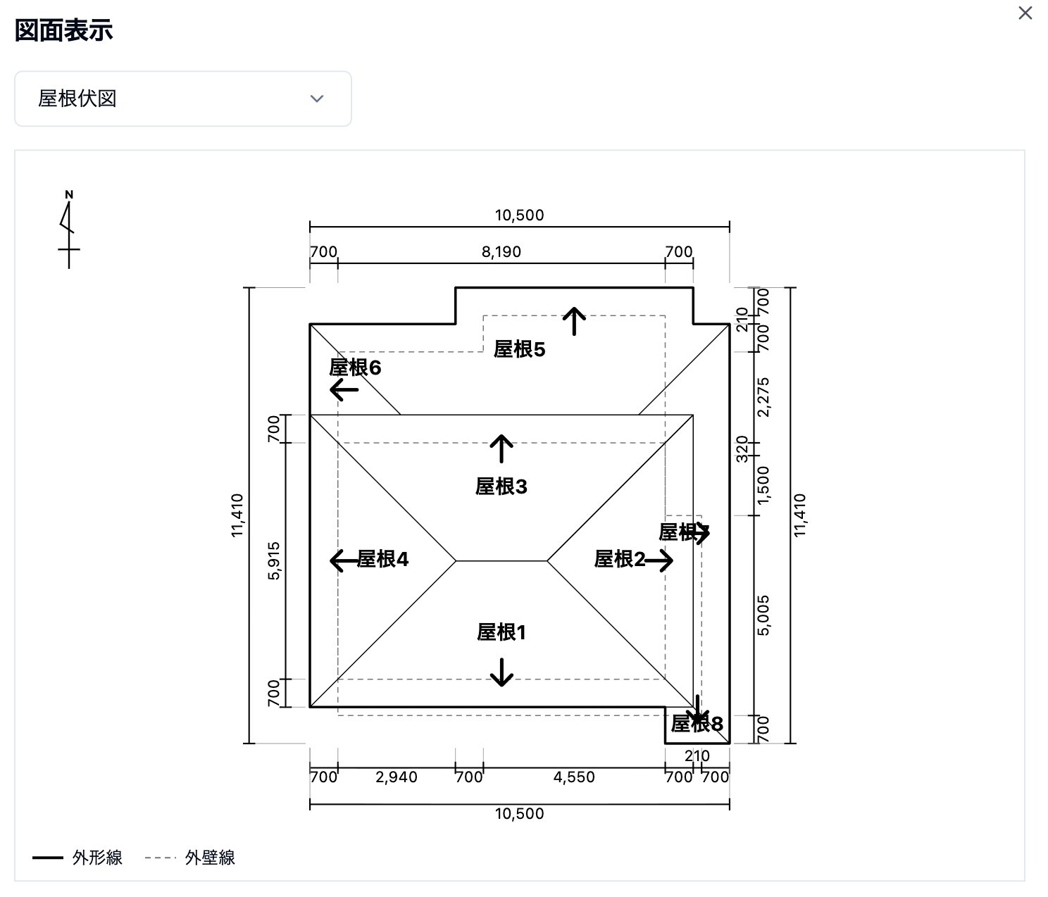 自動生成した3Dモデルの屋根伏図と寸法を表示した図面確認画面