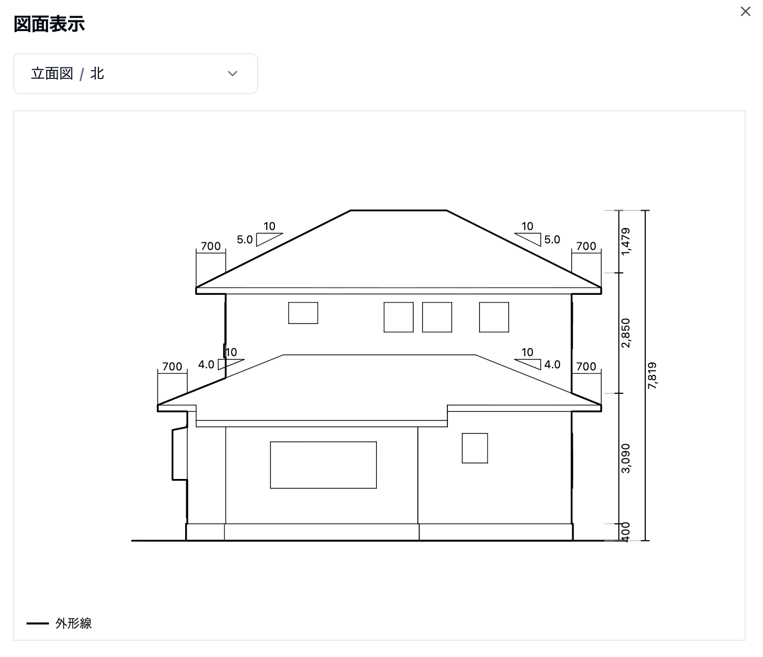 自動生成した3Dモデルの北側の立面図と高さの寸法を表示した図面確認画面