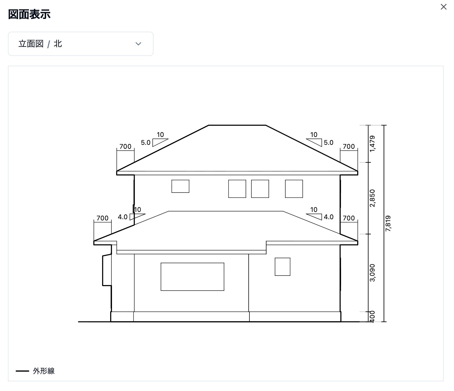 自動生成した3Dモデルの北側の立面図と高さの寸法を表示した図面確認画面