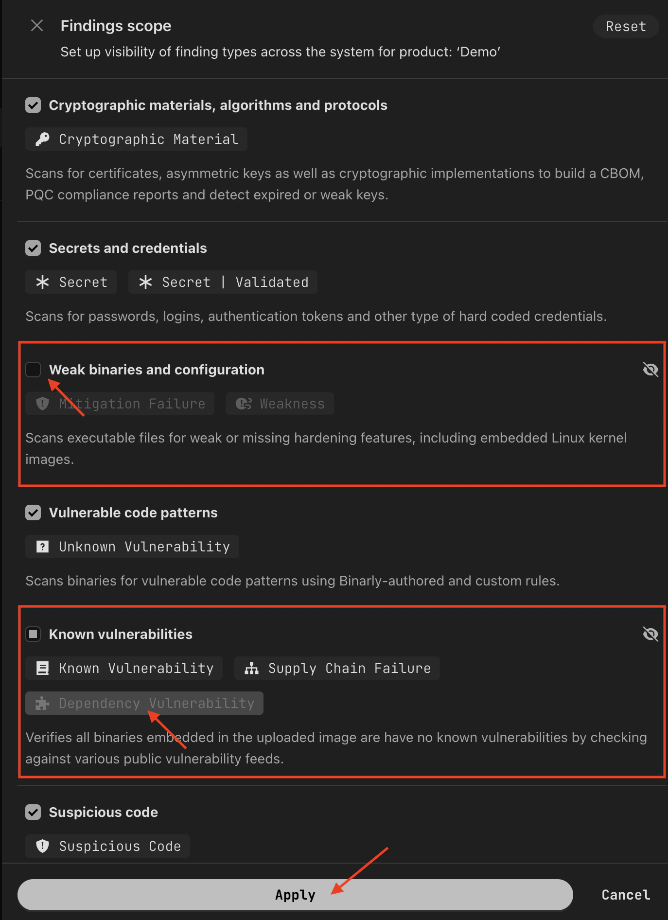 Findings Scope drawer with finding type toggles