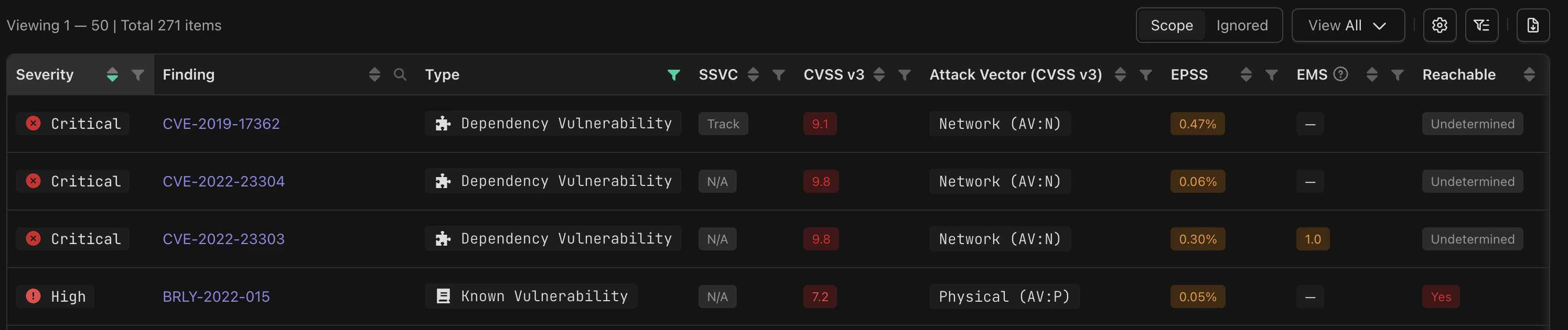 Findings grid showing Scope view