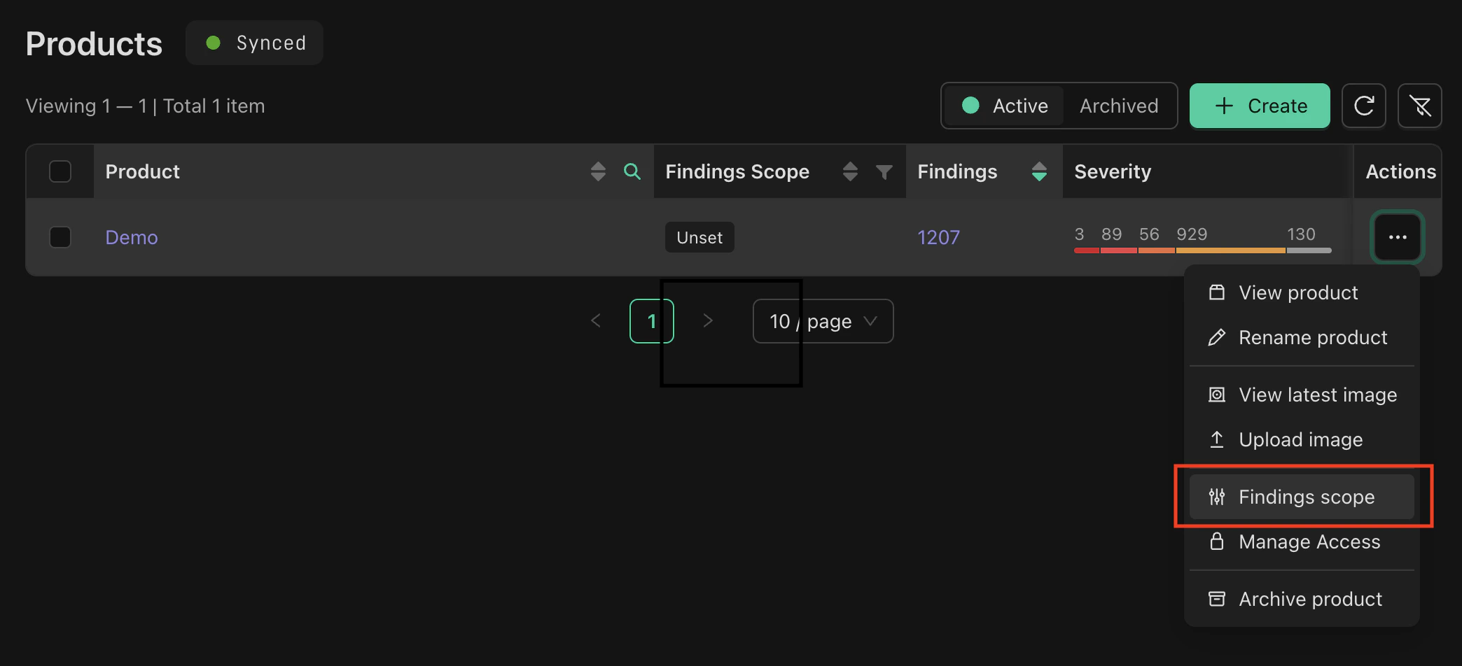 Products grid showing Findings Scope action in menu
