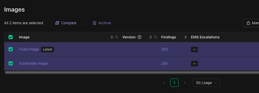 Screenshot showing the selection of the vulnerable and fixed firmware images using checkboxes in the Binarly Transparency Platform UI before comparison.