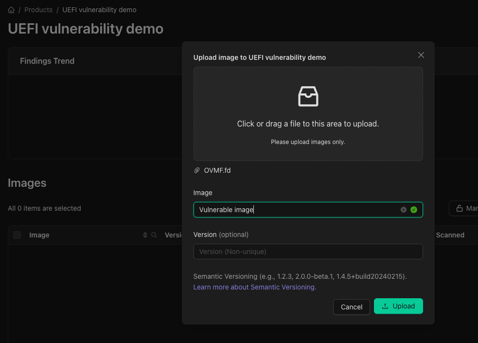 Screenshot of the image upload modal