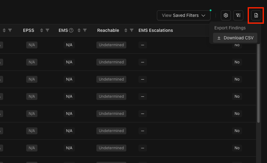 Screenshot of the findings grid with the CSV export menu item selected.