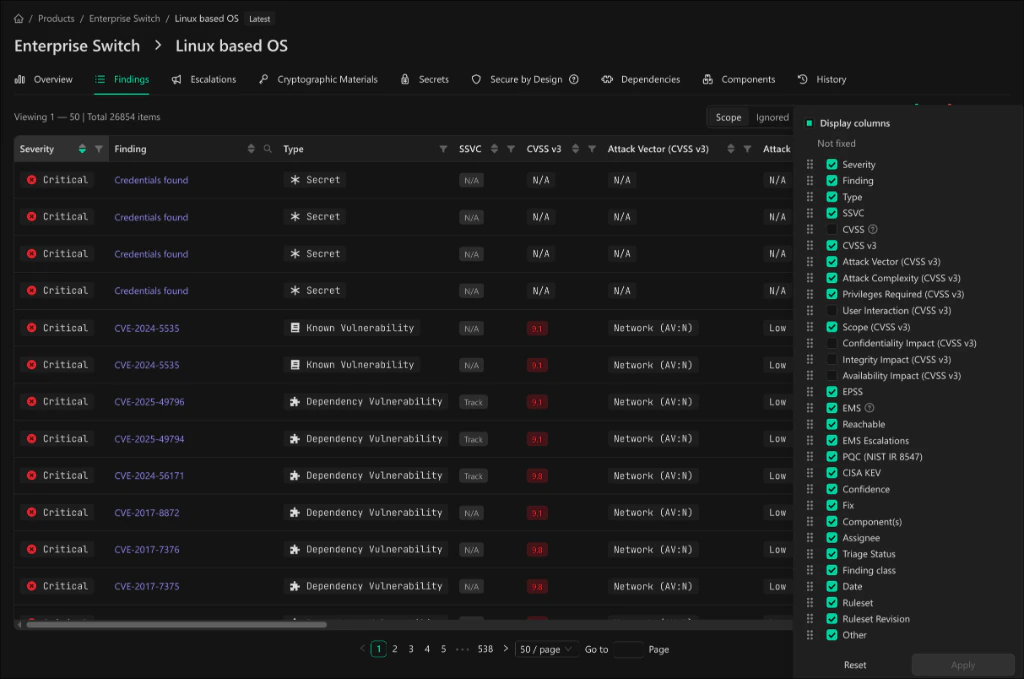 Column settings panel