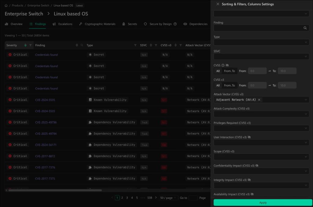 Filter panel with CVSS vector options