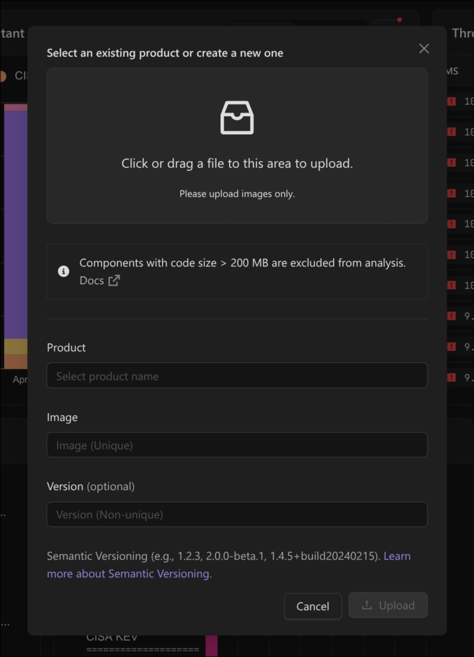 Upload dialog with a notice reading Components with code size greater than 200 MB are excluded from analysis.