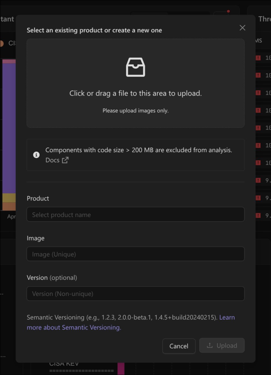 Upload dialog with a notice reading Components with code size greater than 200 MB are excluded from analysis.
