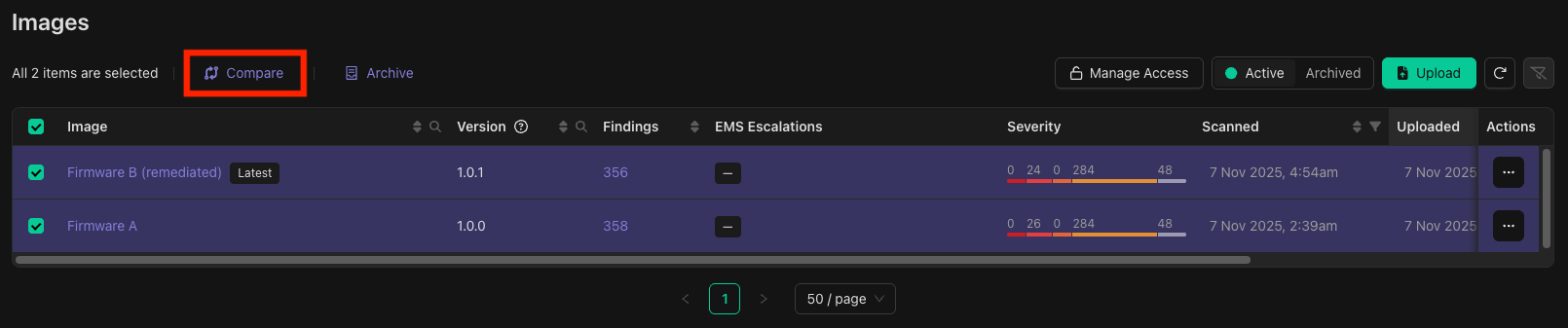 A list of two selected images on the product page with the comparison button visible above the image list.
