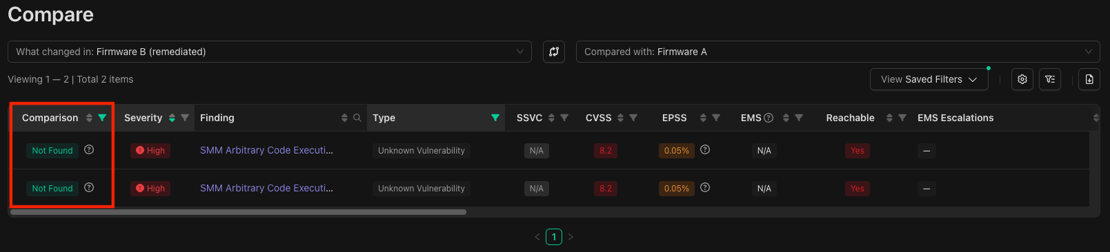 The findings list on the image comparison view with only Not Found findings.