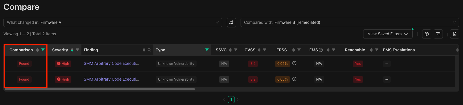 The findings list on the image comparison view with only Found findings.