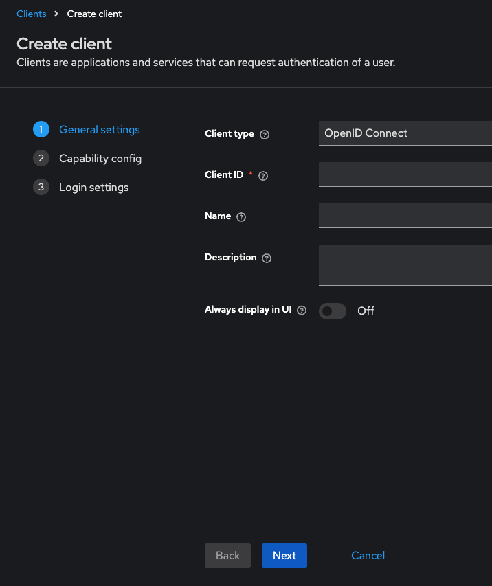 Create Client - General Settings