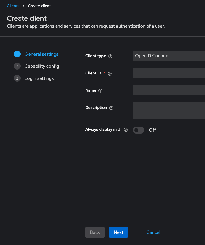 Create Client - General Settings