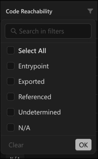 The Code Reachability column filter.
