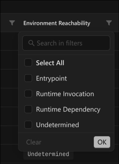 The Environment Reachability column filter.