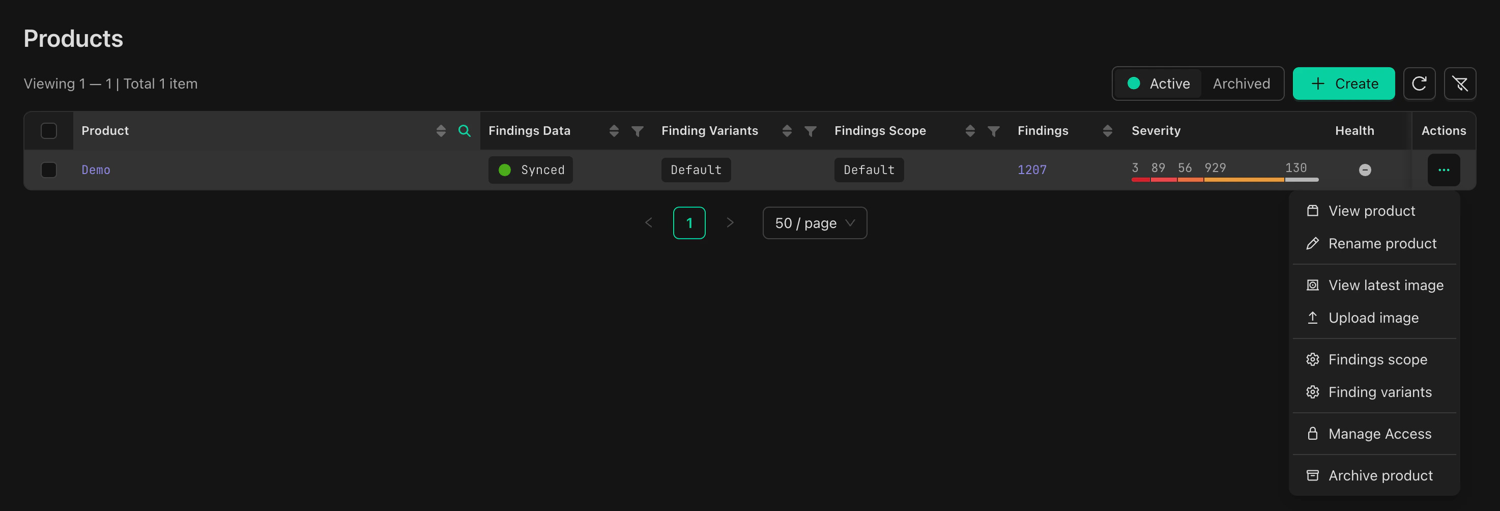 Products grid showing Finding Variants action in menu