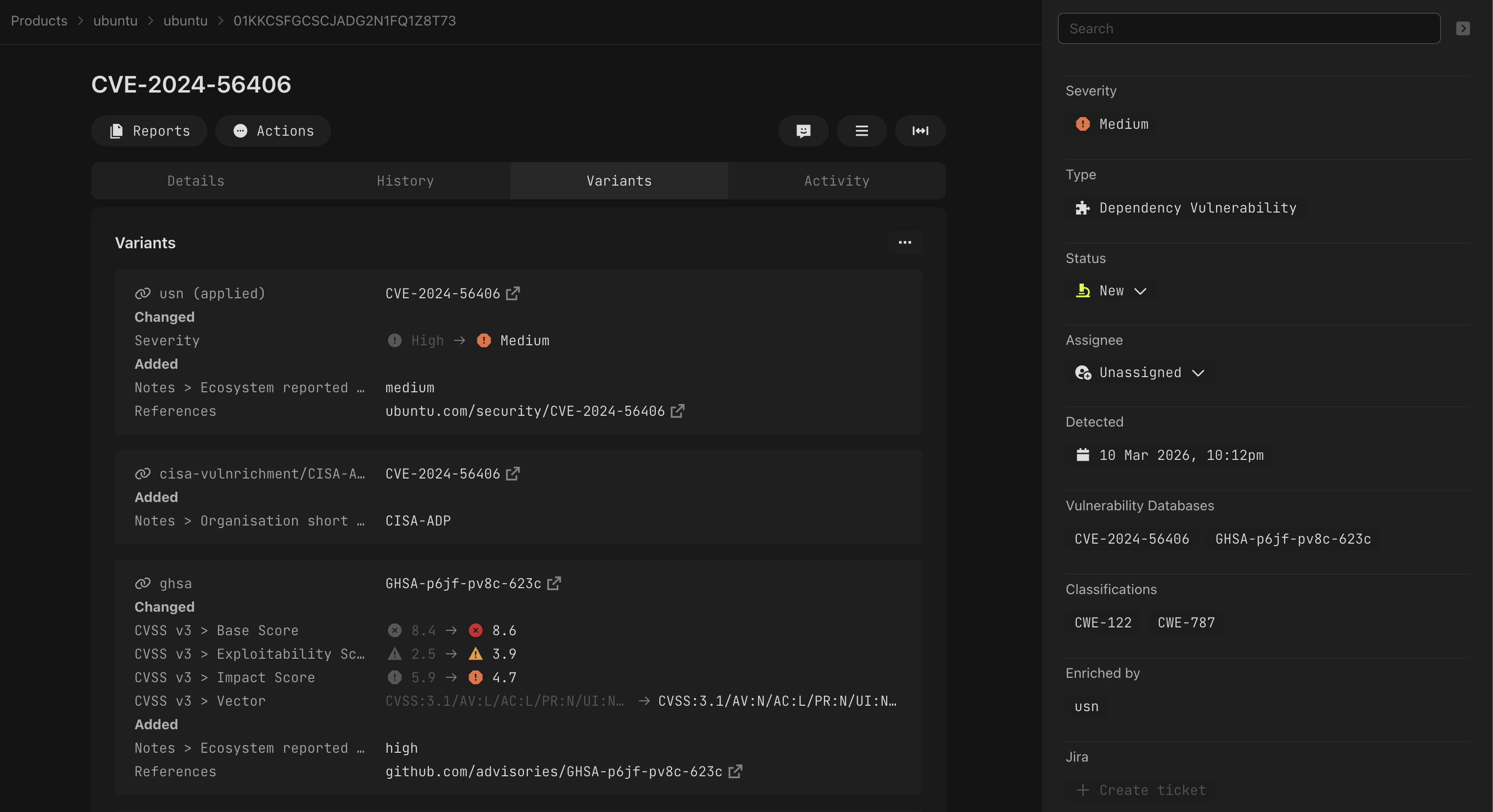Variants tab showing Applied variant highlighted