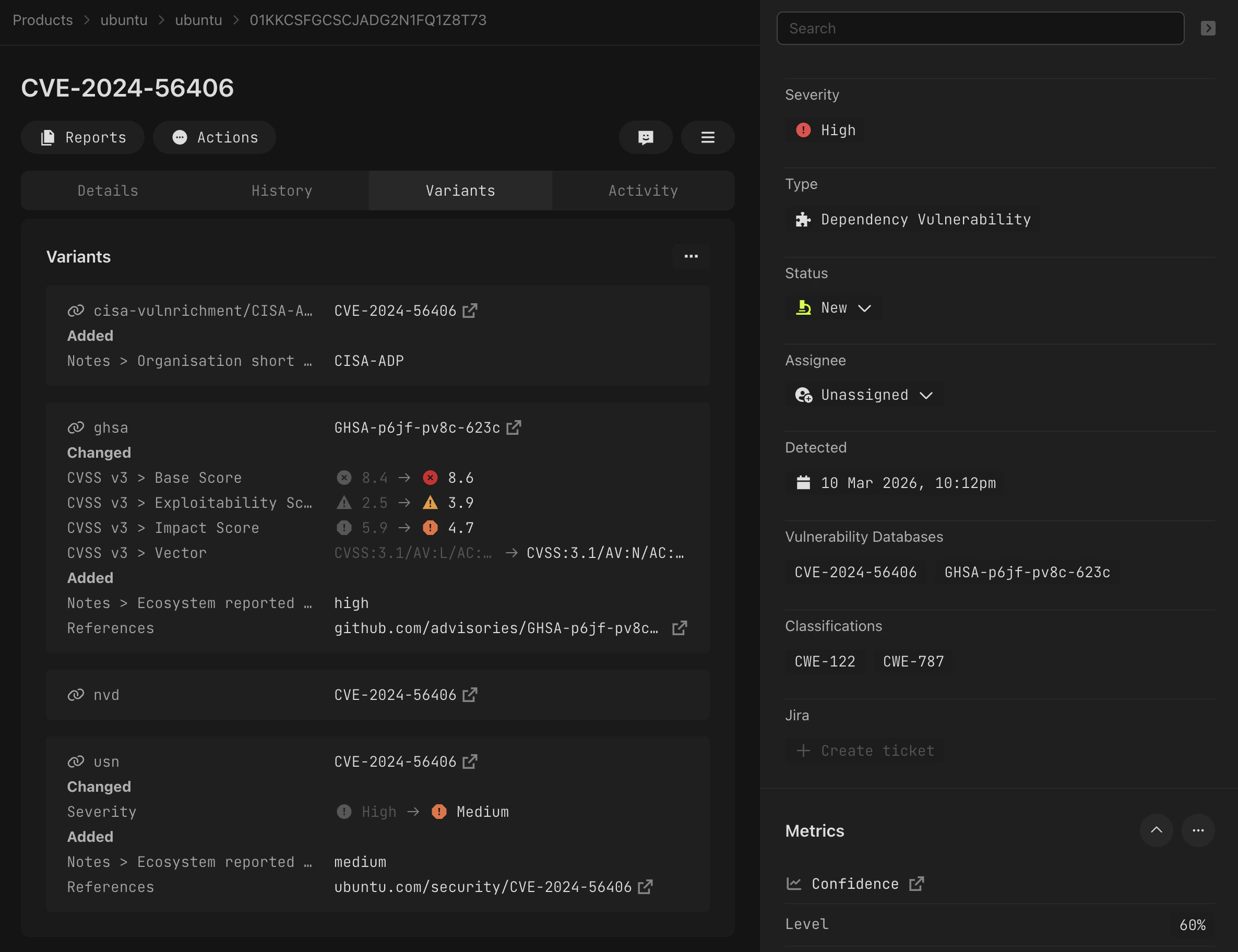 Finding Details page showing Variants tab