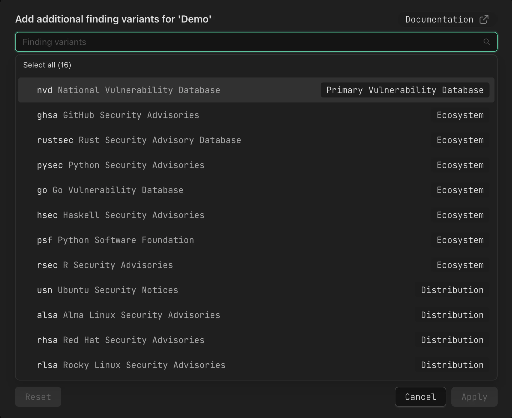 Finding Variants drawer with source list