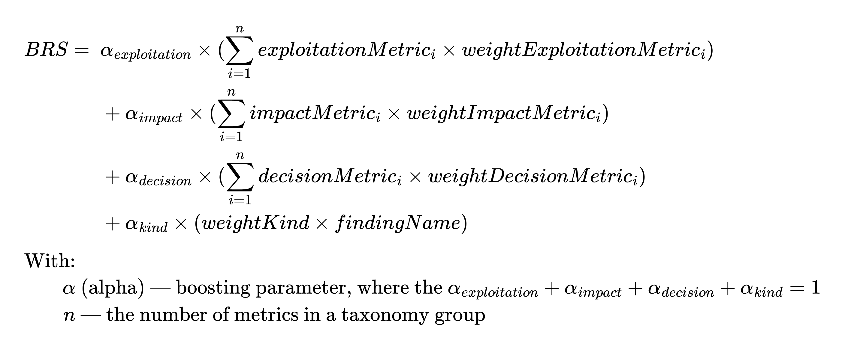 Binarly Risk Score equals the sum over taxonomy groups of the group alpha times the sum of each metric value times its weight, plus the Name group term.