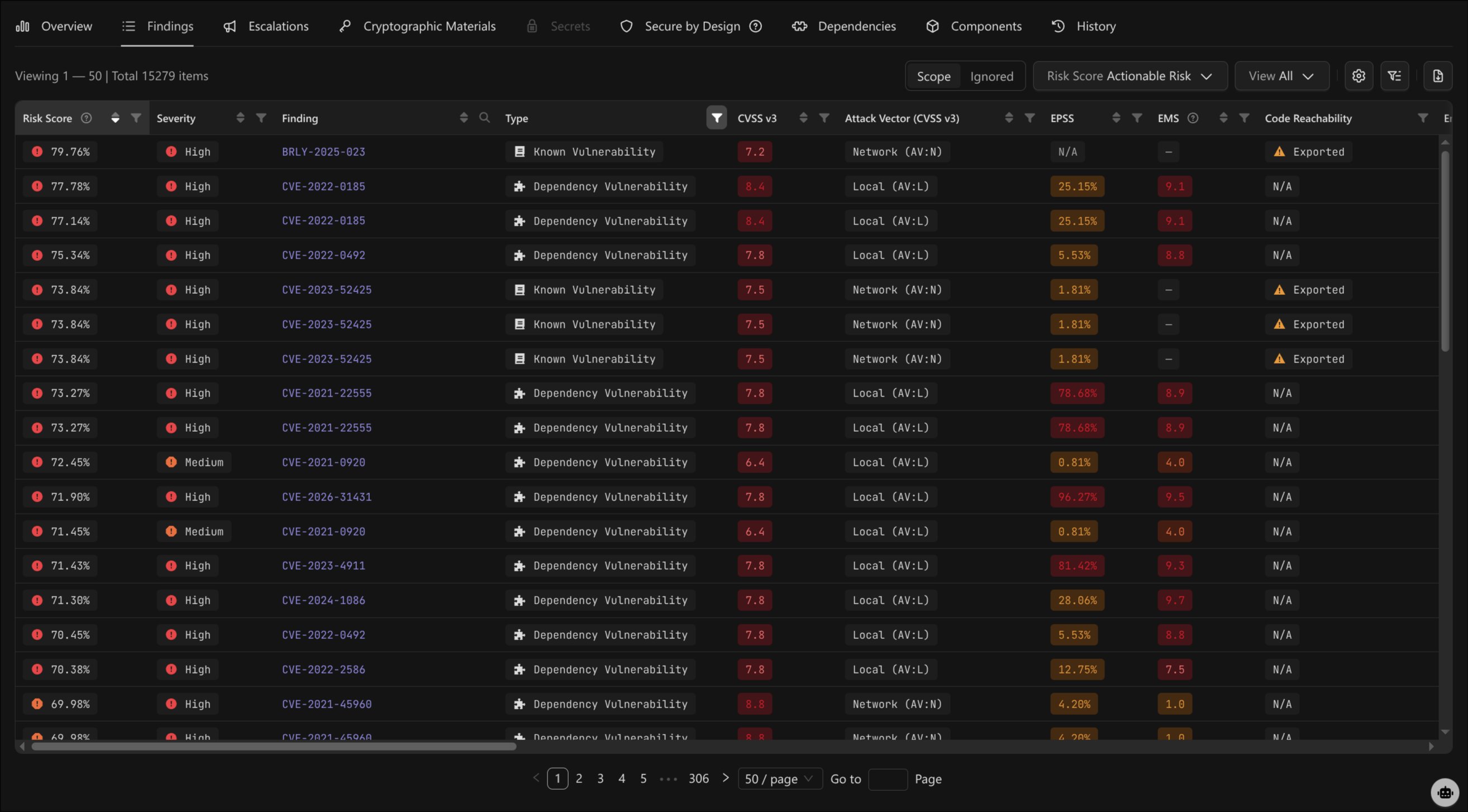 The findings grid with the Risk Score column and profile selector.